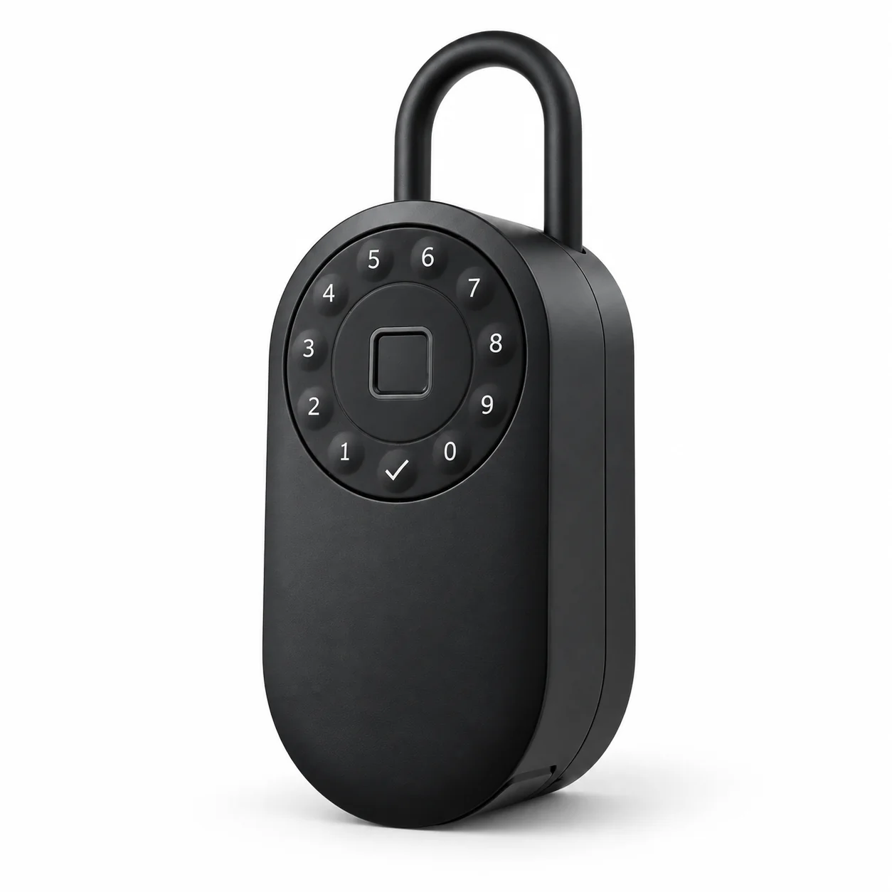 Black MyRemotely cellular lockbox with a circular keypad and shackle